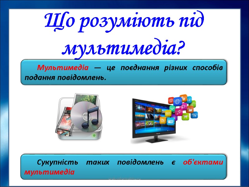 Що розуміють під мультимедіа?  Мультимедіа — це поєднання різних способів подання повідомлень. Сукупність